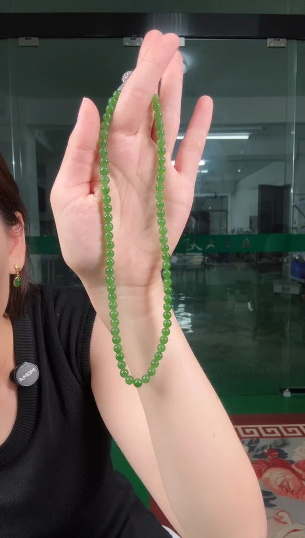 和田玉（碧玉）未镶嵌项链碧玉6mm辣阳绿项链（无黑点）