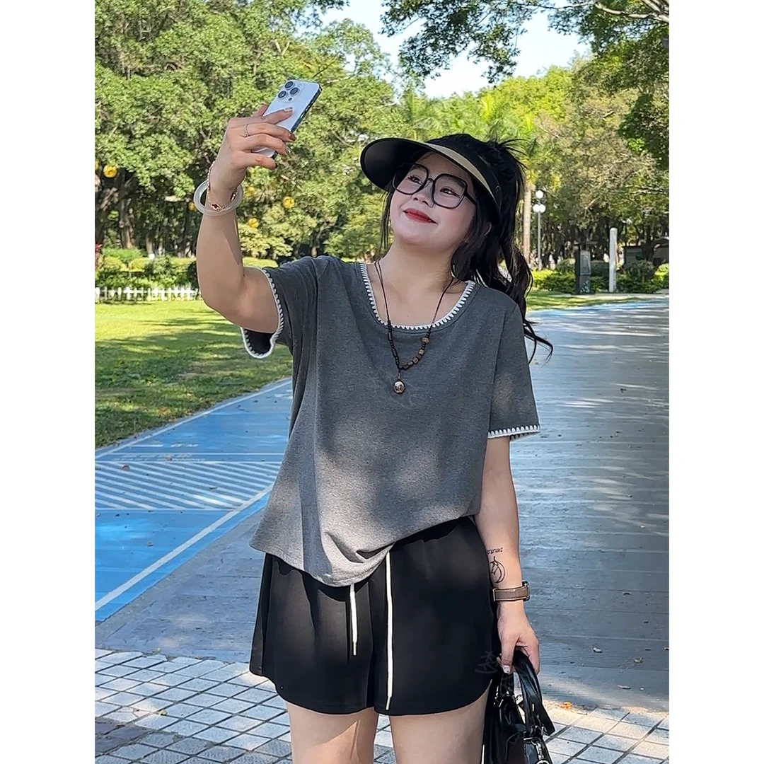 梦丞-大码女装夏季编织领纯色正肩宽松洋气减龄显瘦遮肉短袖T恤女