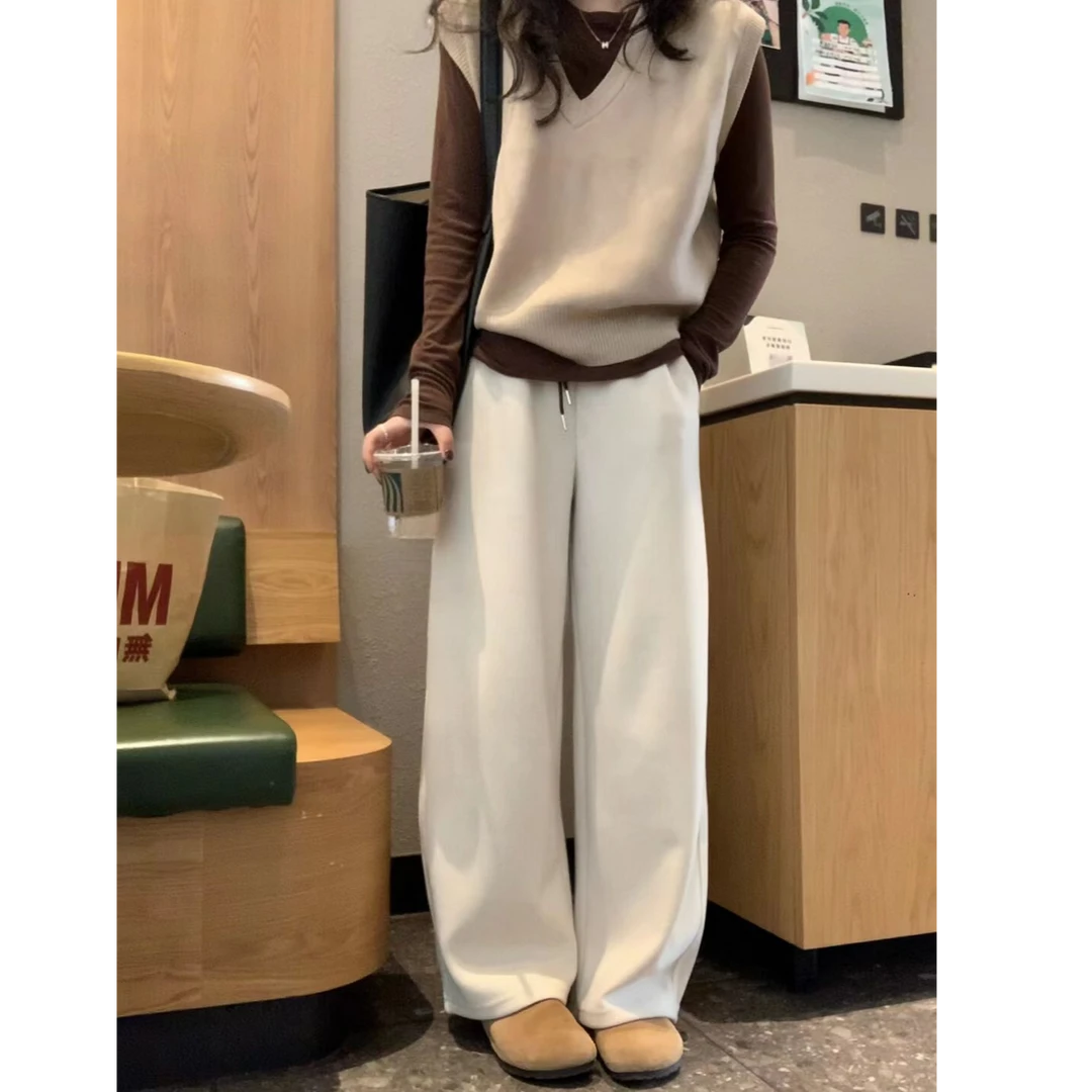 秋冬高腰宽松遮胯显瘦软糯垂感慵懒风抽绳阔腿裤休闲直筒长裤女