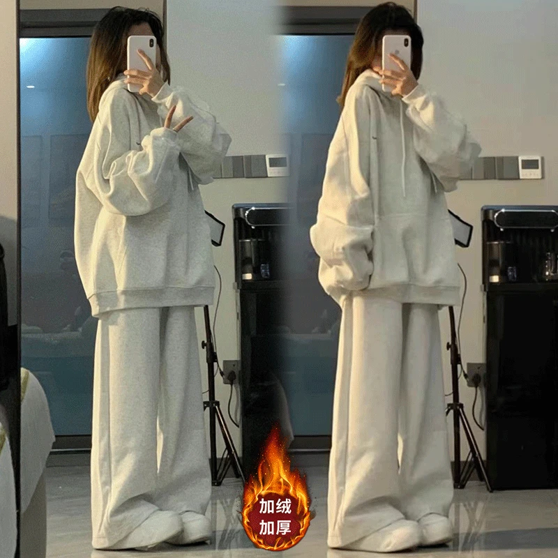 加绒加厚休闲运动服女生秋冬韩系休闲保暖套装松紧腰阔腿裤两件套