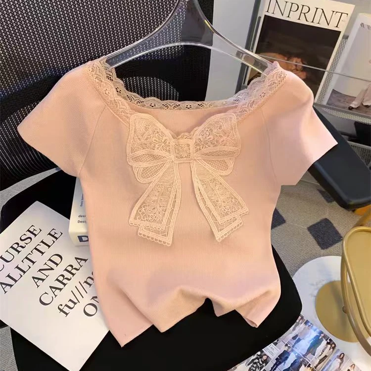 女童蕾丝蝴蝶结短袖t恤2025夏季新款中大童洋气小香风半袖上衣