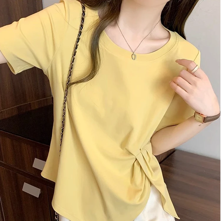 日本Calista夏季新款小众设计感开叉T恤收腰显瘦不规则上衣2428