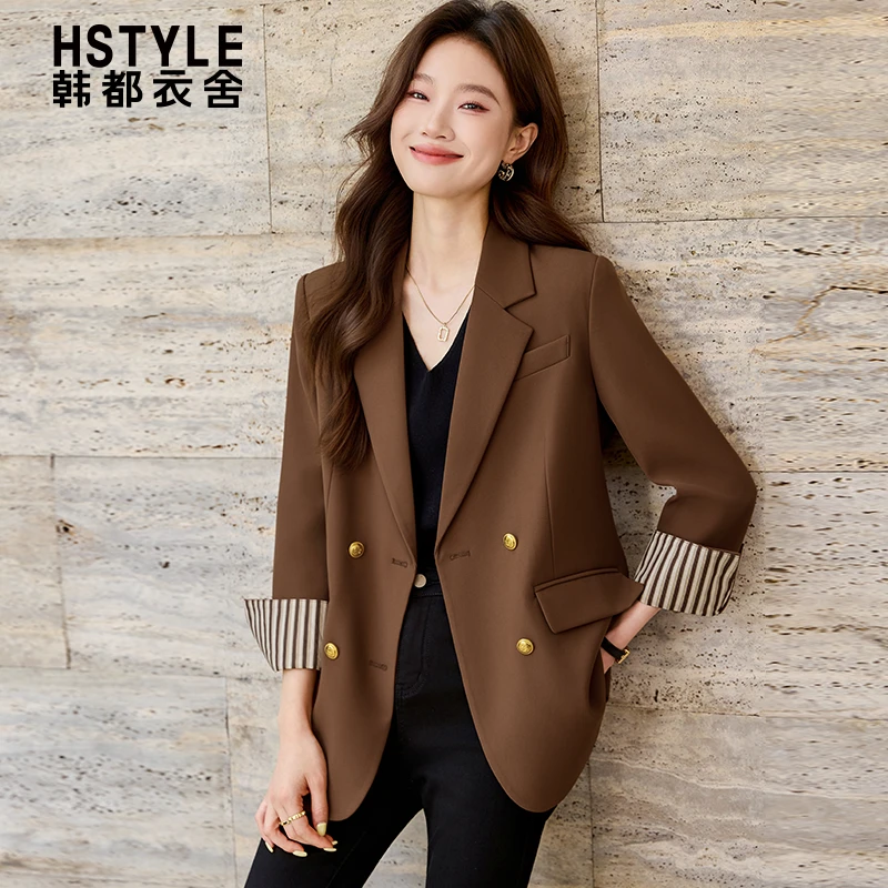 韩都衣舍咖色西装外套女新款长袖西服小个子上衣气质学院风外衣