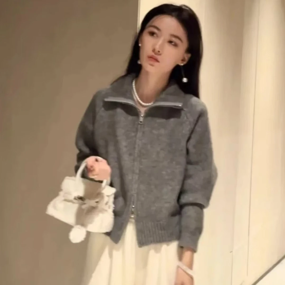 【退运补】2024慵懒风毛衣外套女秋冬新款韩系立领拉链针织开衫【九】