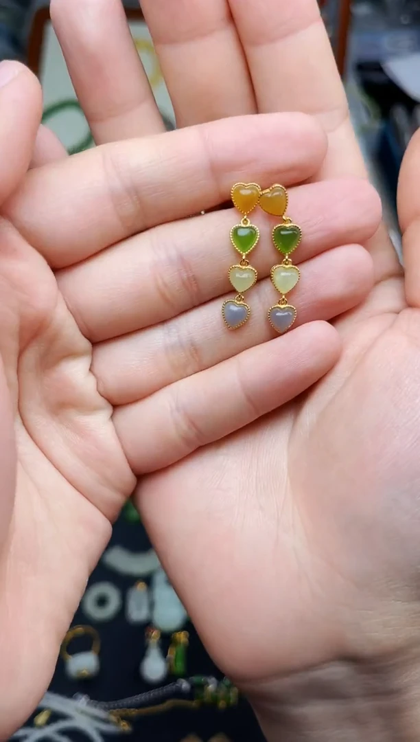 银S925镶嵌和田玉耳饰多宝爱心耳钉06