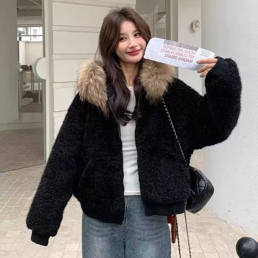 33829#欧货时尚大毛领羊羔毛外套女冬季2025新款宽松保暖休闲上衣