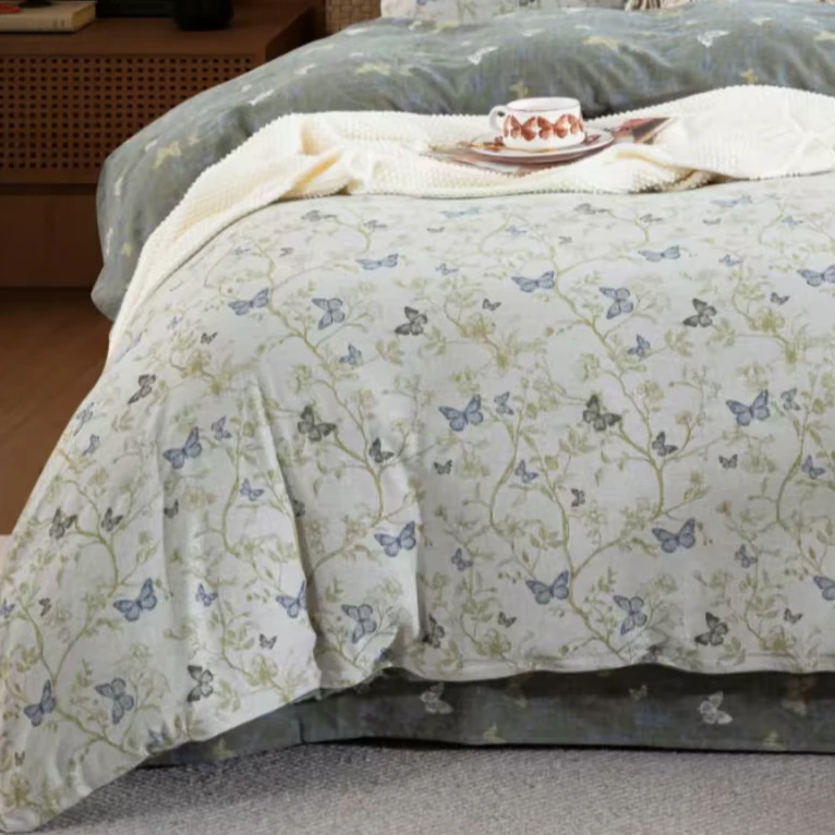 床单 绿色 碟雨流花 230*250纯棉双层纱 大床单