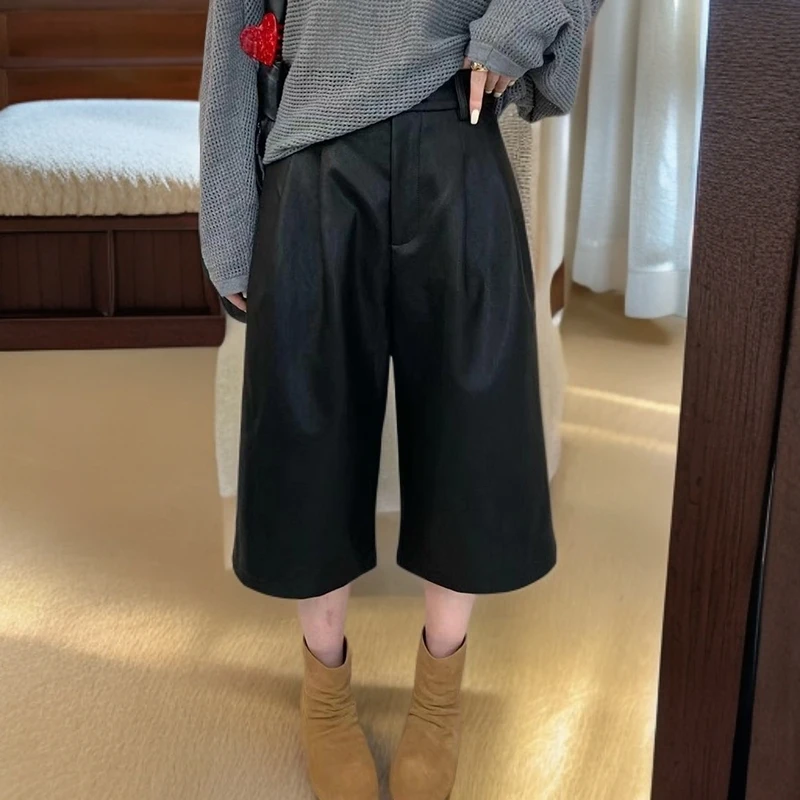 黑色百搭PU皮七分裤女2025秋季小个子时髦宽松显瘦休闲阔腿裤中裤