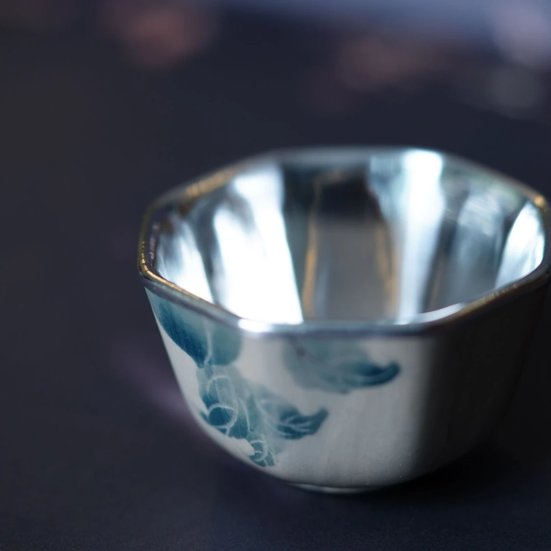 仿古泥秋叶八方杯复古陶瓷纯手工主人杯家用瓷包银小容量便携中式