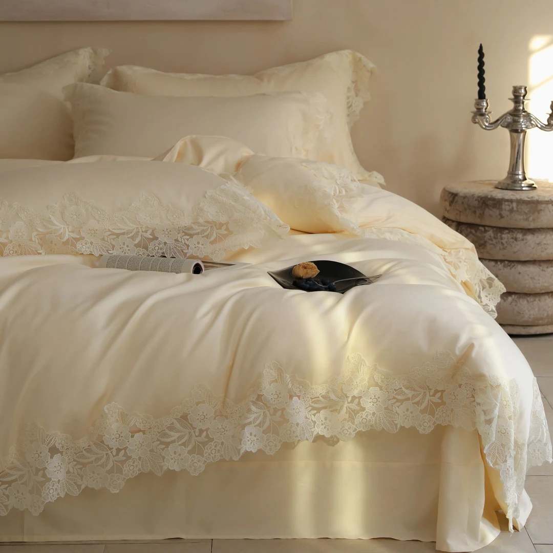 轻奢公主风A类全棉纯棉贡缎四件套雪纺蕾丝亲肤被套家居床上用品