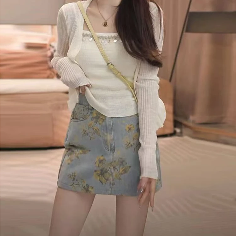 6996番外夏季新款高腰印花碎花法式时尚防走光百搭短裙女