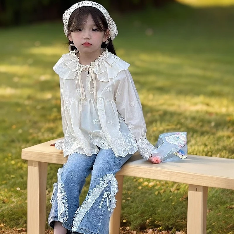 2025 新品童装儿童春季时尚洋气韩版蕾丝春秋长袖牛仔娃娃领甜美