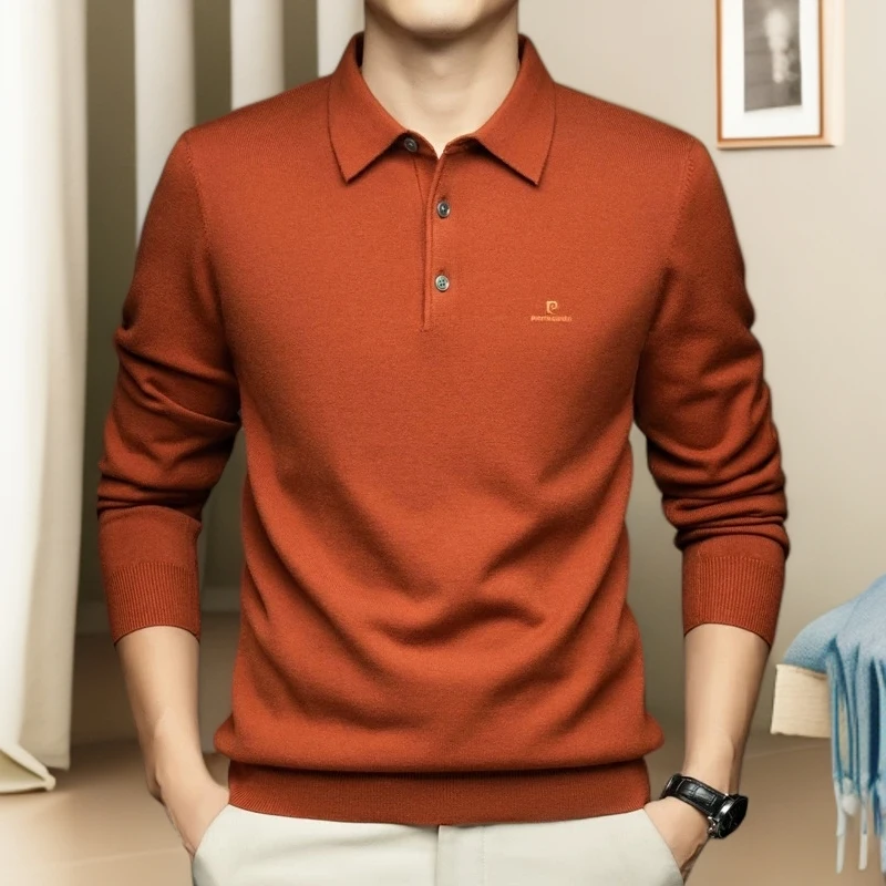 皮尔卡丹毛衣休闲男装秋冬上衣宽松长袖翻领针织衫刺绣时尚打底衫