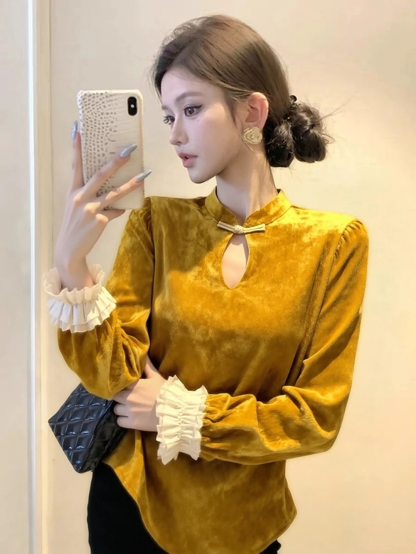 新中式黄色衬衫女冬2025新款内搭高级感独特漂亮巨好看厚上衣