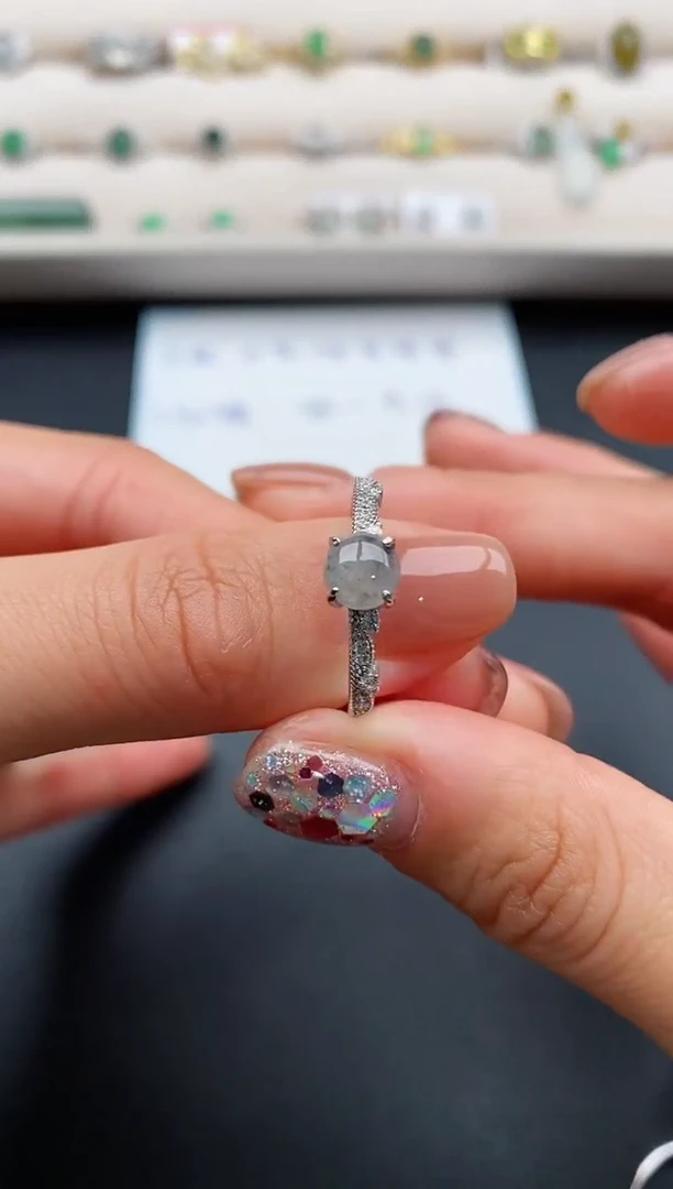 银S925镶嵌戒指翡翠缅甸天然A货翡翠111  6-7