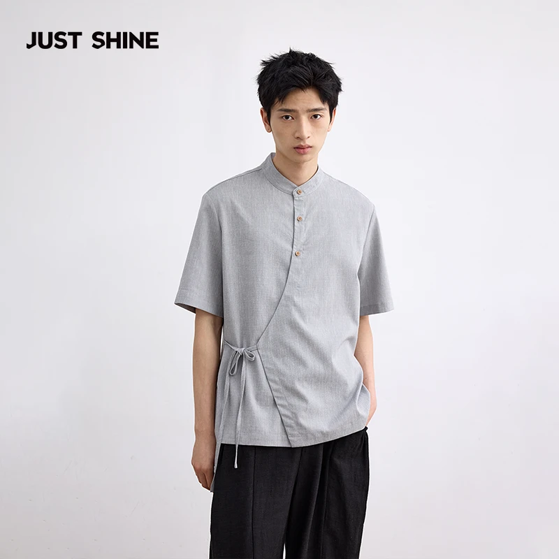 JUSTSHINE 立领亚麻衬衫中式三粒扣斜襟绑带宽松短袖衬衣复古设计