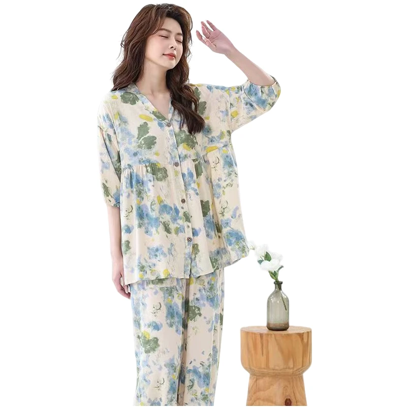 【棉绸舒服!】女士家居服套装女宽松舒适时尚印花睡衣休闲两件套