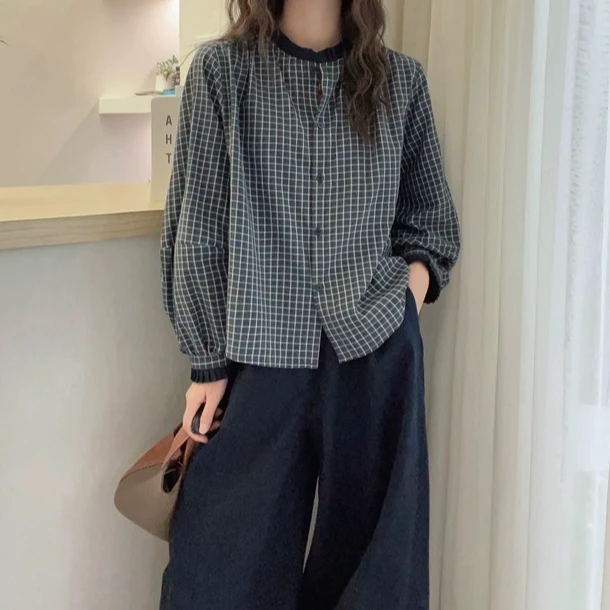 韩里韩气格子衬衫女长袖2025新款秋季宽松甜美减龄木耳边圆领上衣