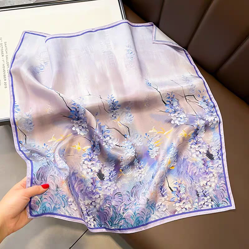 【紫色碎花】宫丽53x53cm桑蚕丝素绉缎方巾时尚百搭真丝围巾
