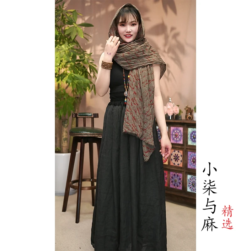 【小柒与麻】复古做旧脏染肌理麻褶皱带长款围巾（长260cm宽60cm）
