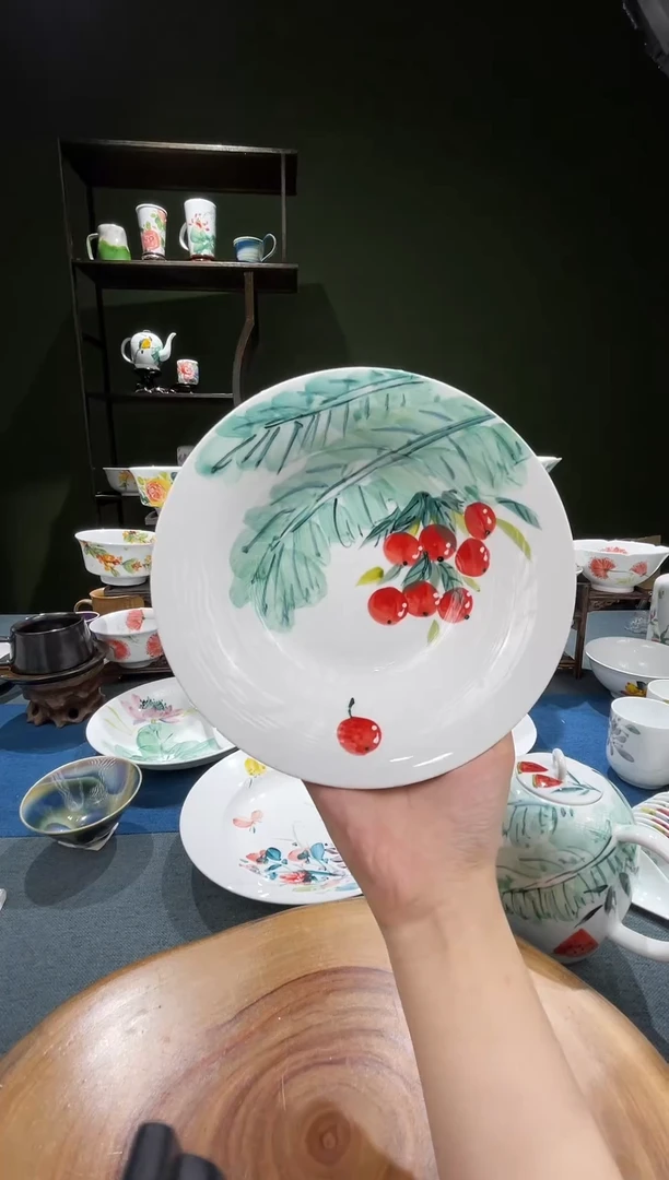 盘景德镇高温釉下彩8英寸草帽盘芭蕉樱桃
