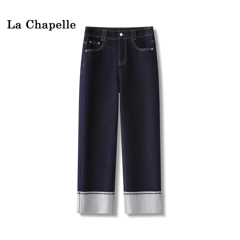 拉夏贝尔弹力拼接烟管牛仔裤女2025新款秋冬复古水洗窄版直筒裤