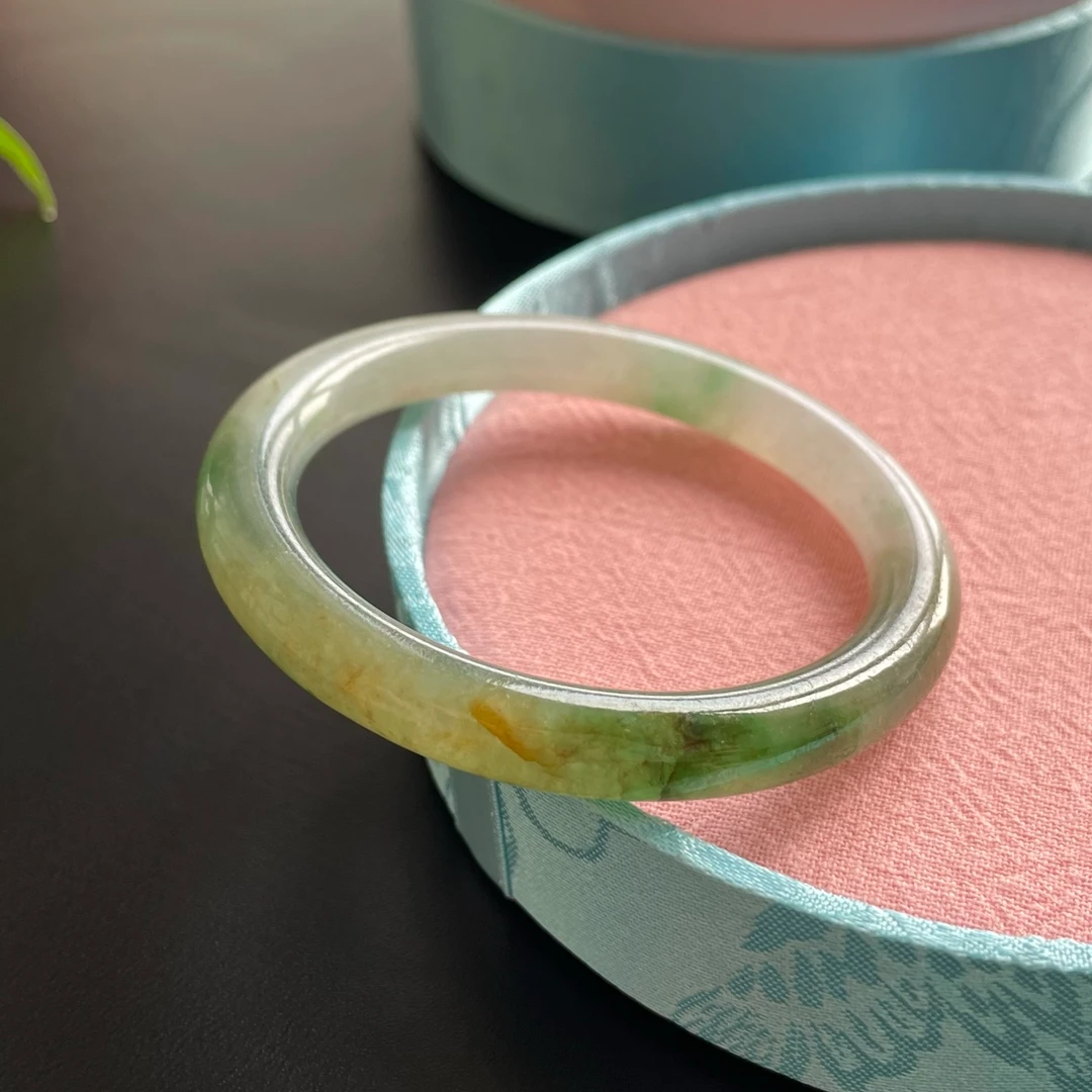 【静心】“晚晴逢春”冰透深兰三彩老翡翠手镯（圈口51.5）