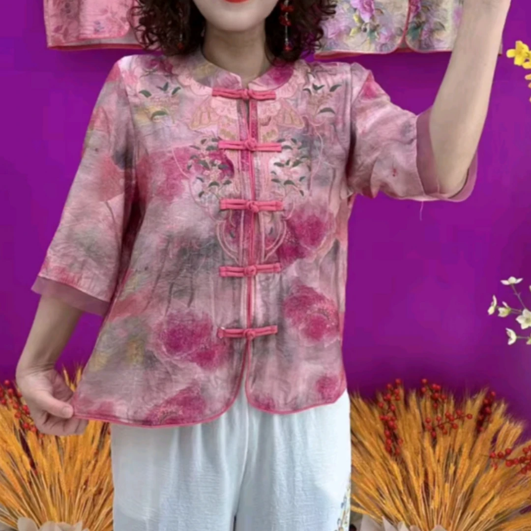 2025夏季洋气妈妈高级复古民族风休闲衬衫改良版新中式潮流开衫女