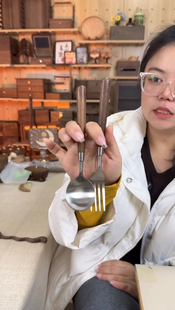 木北美黑胡桃不锈钢勺子叉子一套2个