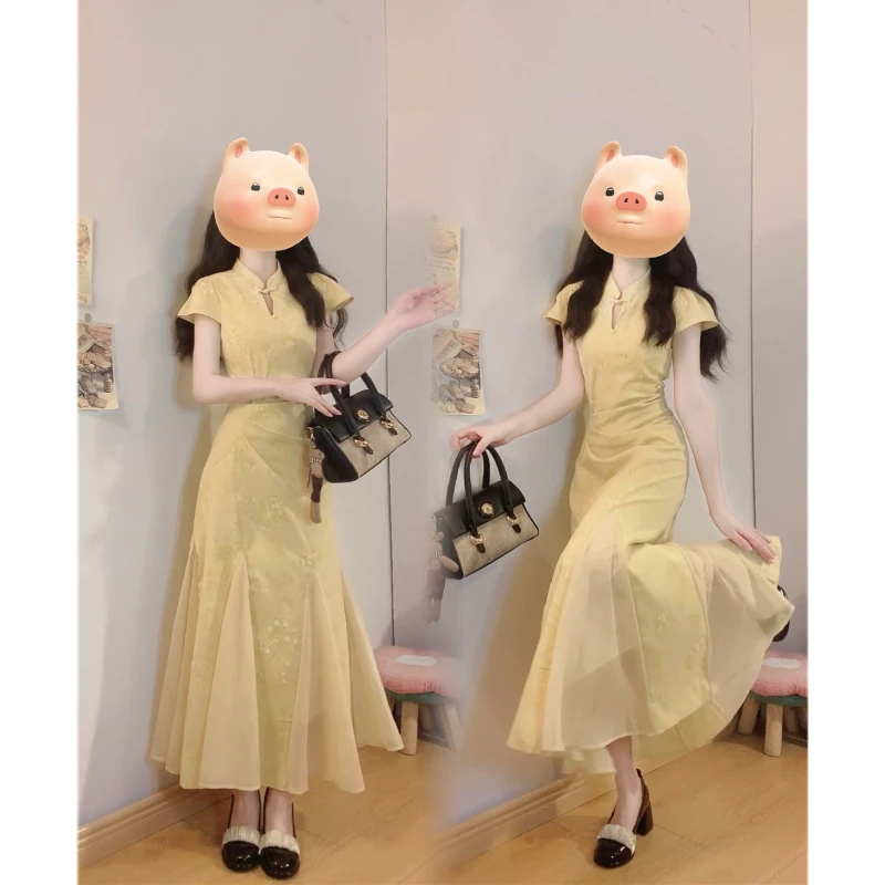 大码【玉穗金澜】新中式黄色插片式鱼尾改良旗袍温婉气质国风连衣裙