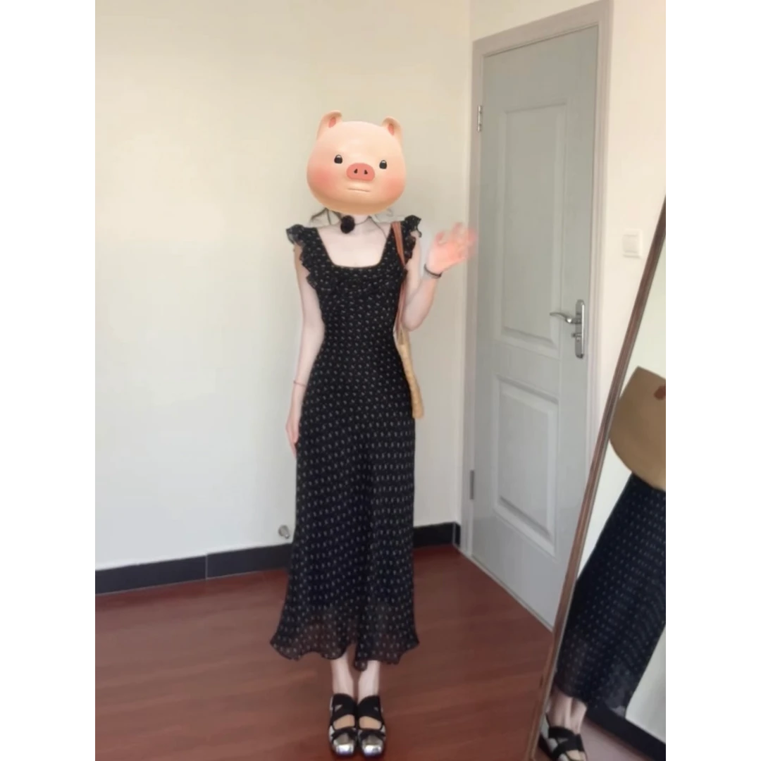 E247高级感气质减龄连衣裙女夏季新款小飞袖收腰显瘦波点长裙子