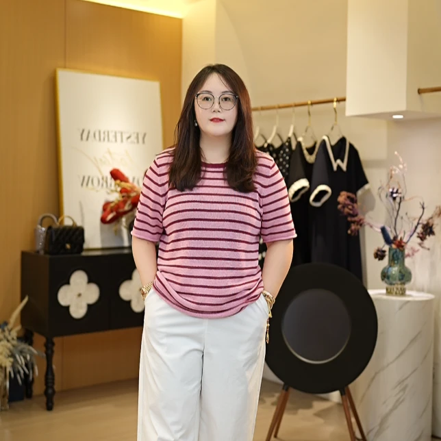 【深圳霞姐】夏季新款大码女装和纸纱条纹显瘦百搭短袖T恤