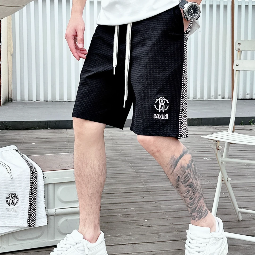 撼路者家2025夏季新款织带拼接字母刺绣百搭透气超薄休闲直筒短裤