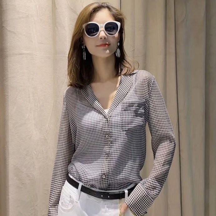 职业阿玛诗官2025春秋季新款宽松V领格子雪纺长袖衬衫女垂感上衣