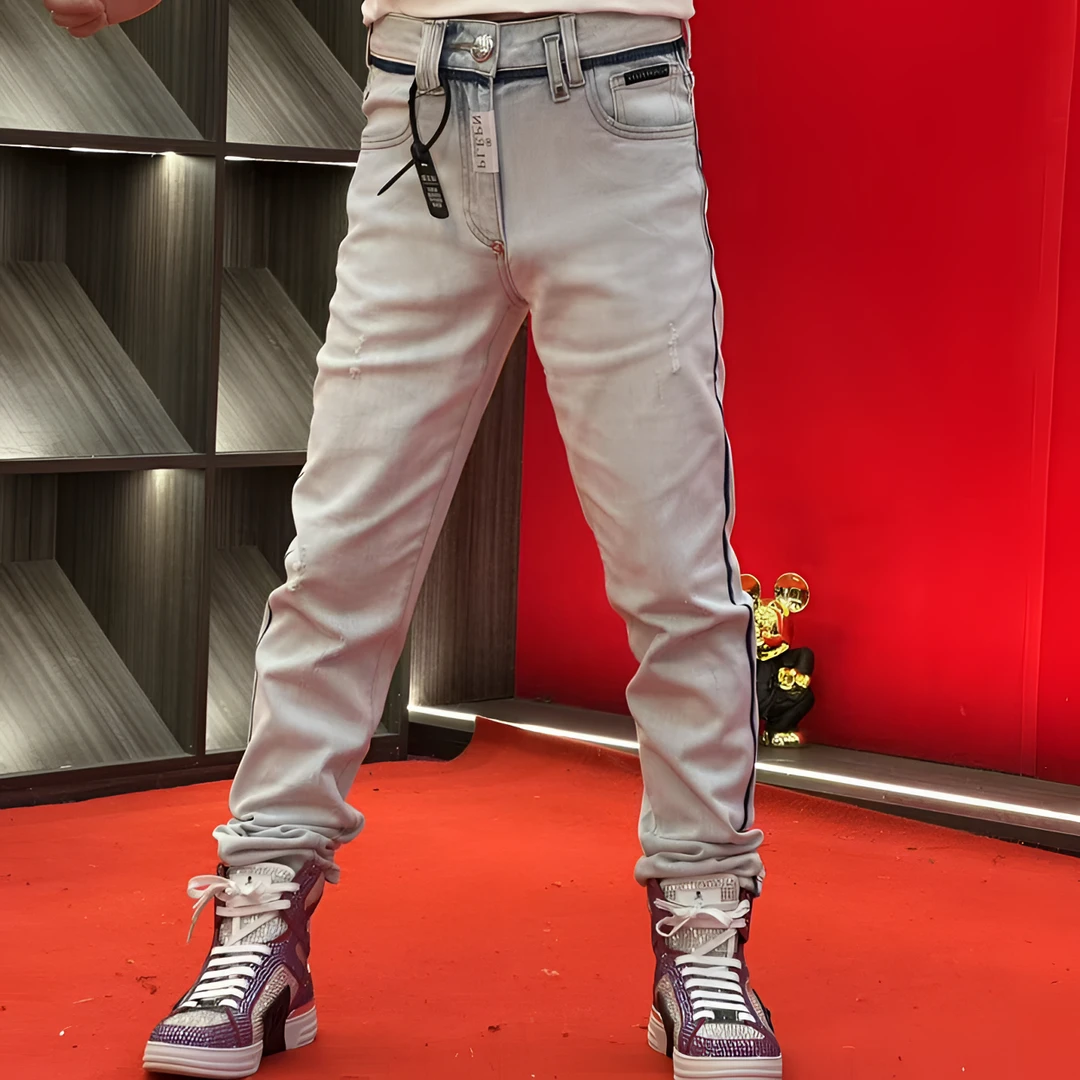 PP正品25新款潮牌设计师牛仔破洞男士弹力时尚修身牛仔裤9982