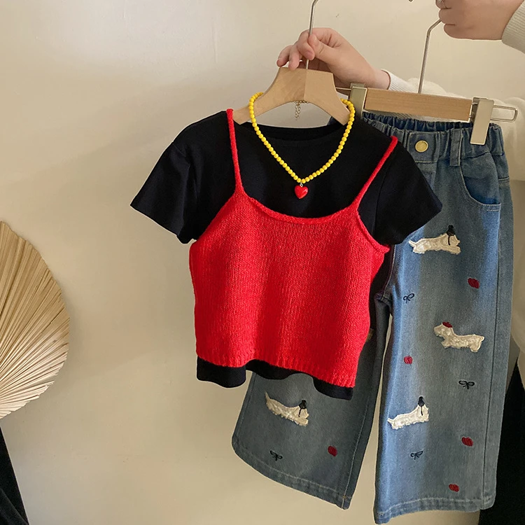 韩版女童短袖T恤打底衣针织吊带2025春季新款卡通小狗牛仔裤套装