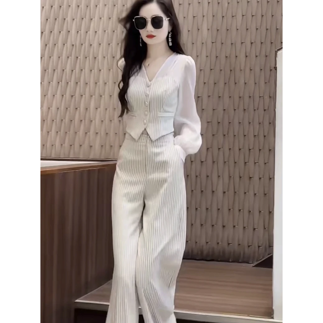 夏季高档百搭显气质瘦时尚修身名媛风女俩件套V领衬衫+阔腿裤