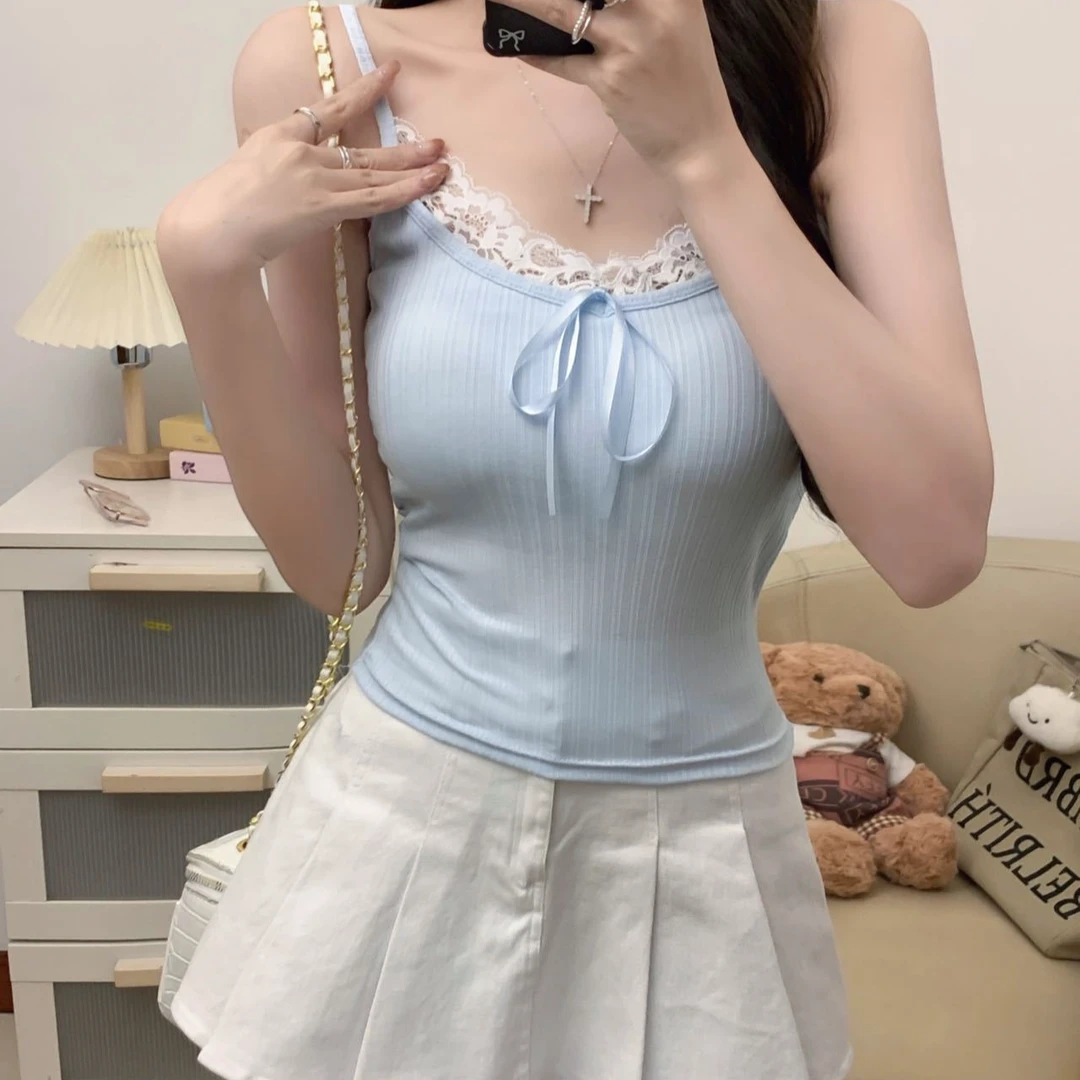 纯欲性感蕾丝拼接吊带背心女自带固定胸垫