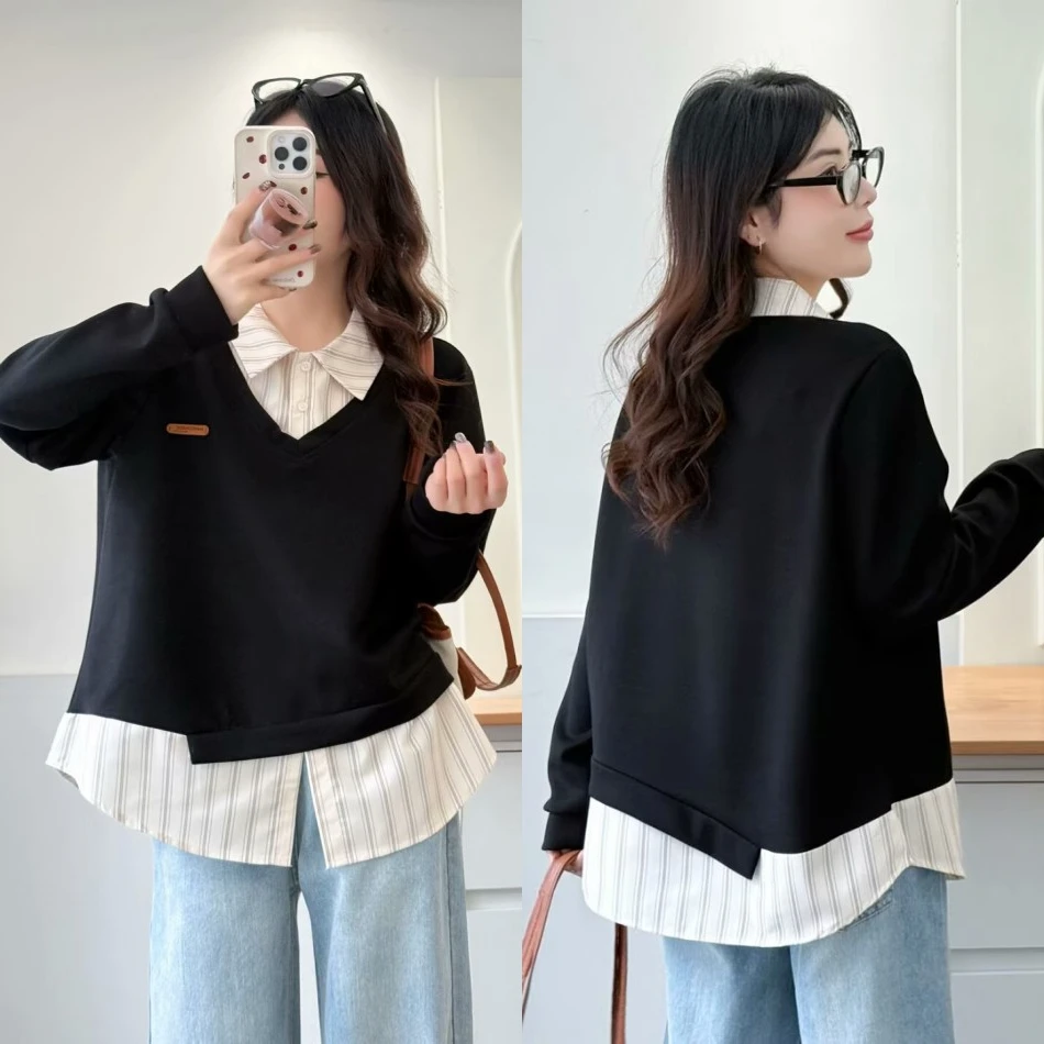 大码胖mm韩版显瘦拼接假两件衬衫秋季新款设计感宽松遮肉小衫602
