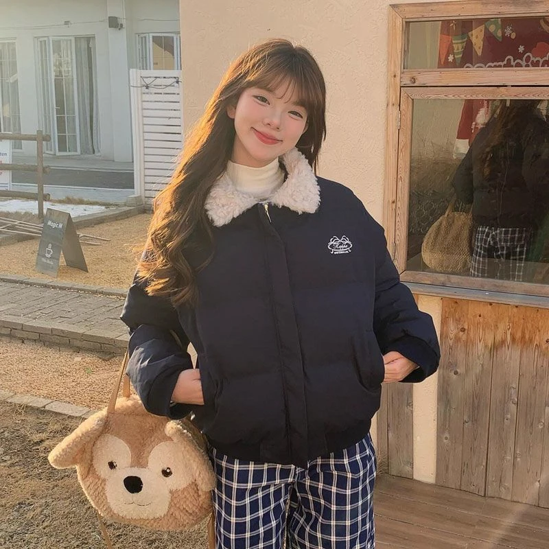 仿羊羔毛领修身外套棉服保暖外套反季清仓冬季棉袄短款棉衣网红款