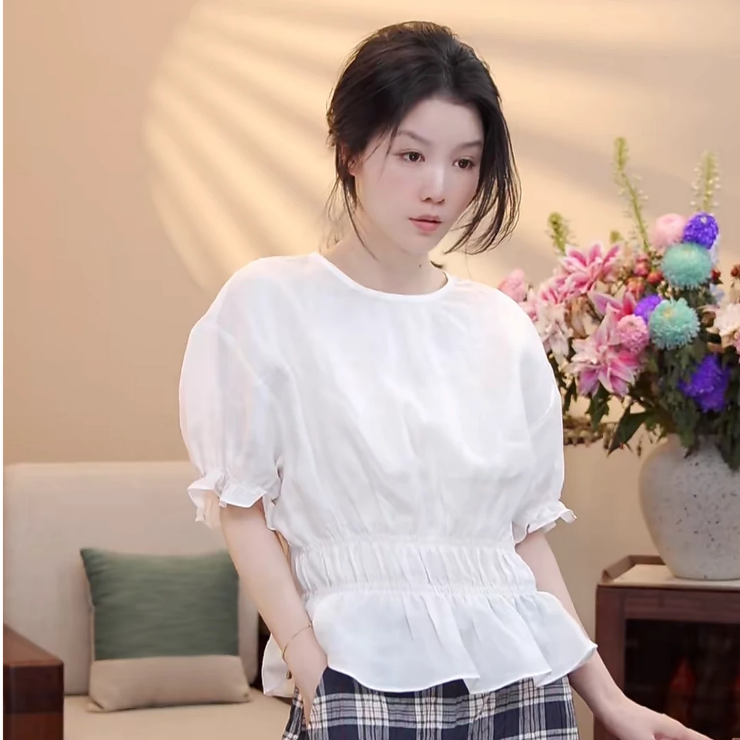 【悦悦专属】法式圆领薄款荷叶边收腰显瘦衬衣Y287