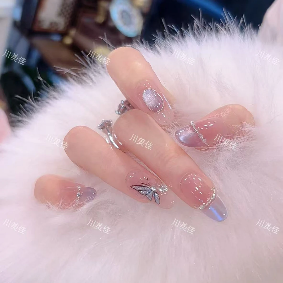 川美佳《流光蝶影》高级美甲显白紫色猫眼手绘蝴蝶纯手工穿戴甲