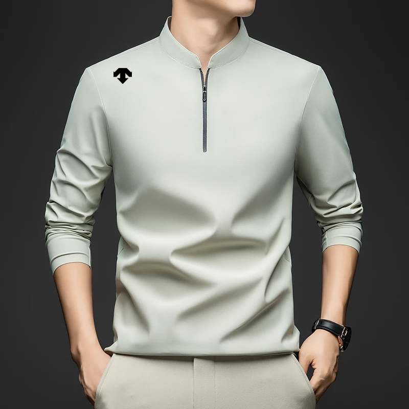 迪桑家秋季长袖运动T恤男时尚休闲速干纯色半高拉链立领打底上衣