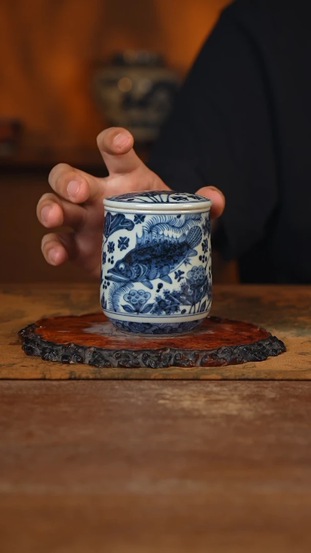 杯古蓝堂 青花鱼藻醒茶罐