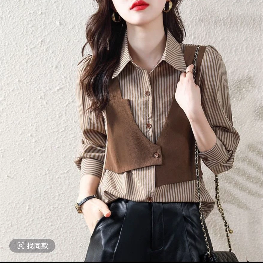 2892早春新款假两件长袖百搭衬衣女时尚小衫气质上衣显瘦雪纺衫