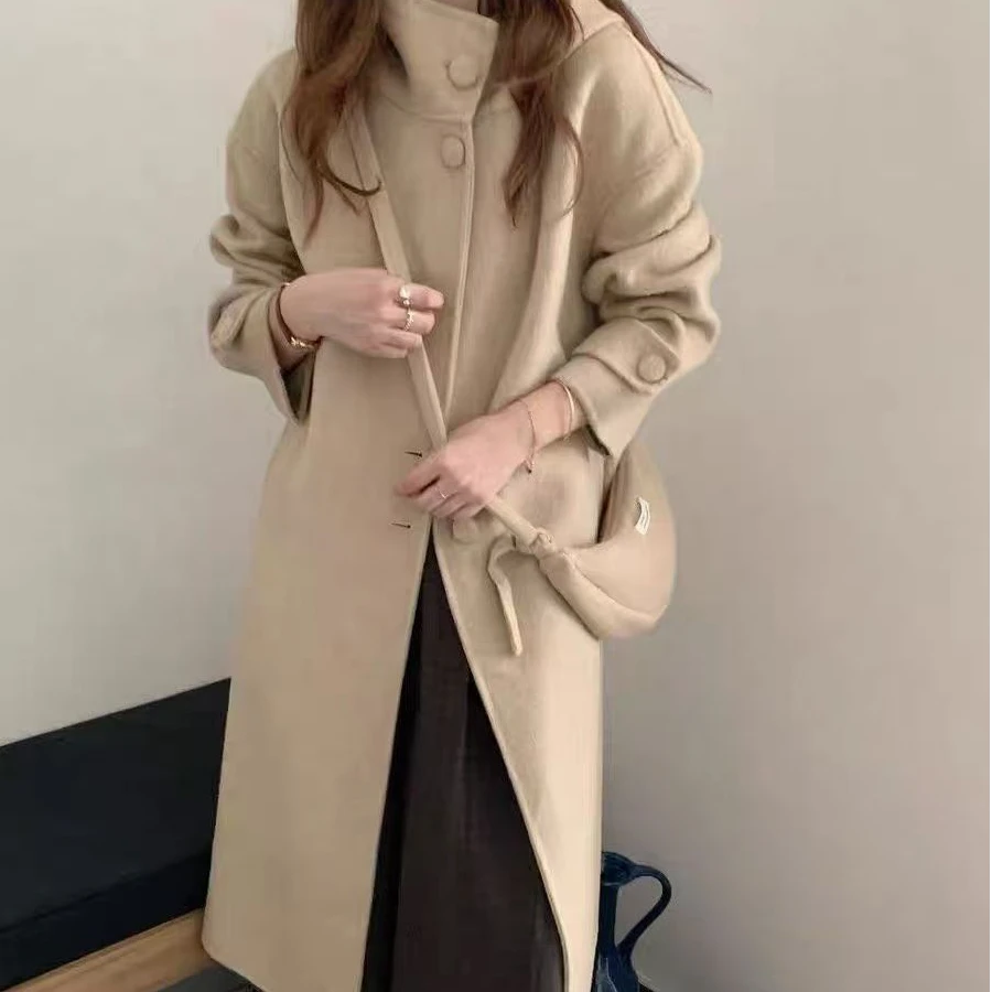 夏妍娜连帽厚款毛呢外套纯色百搭冬季呢子韩版网红女长款包包款