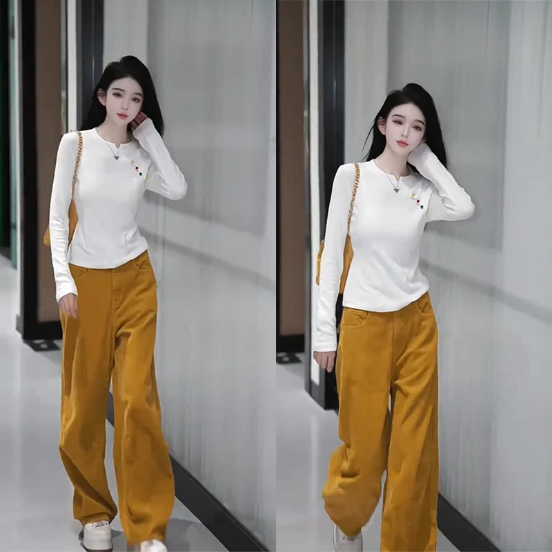 高级感时尚炸街风修身长袖洋气百搭打底上衣直筒显瘦休闲裤套装女