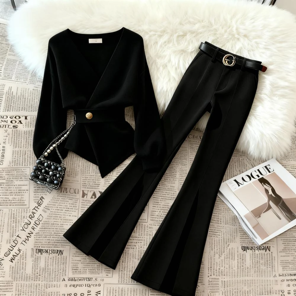 气质轻熟风套装秋季新款收腰显瘦针织上衣直筒裤不撞衫时尚两件套