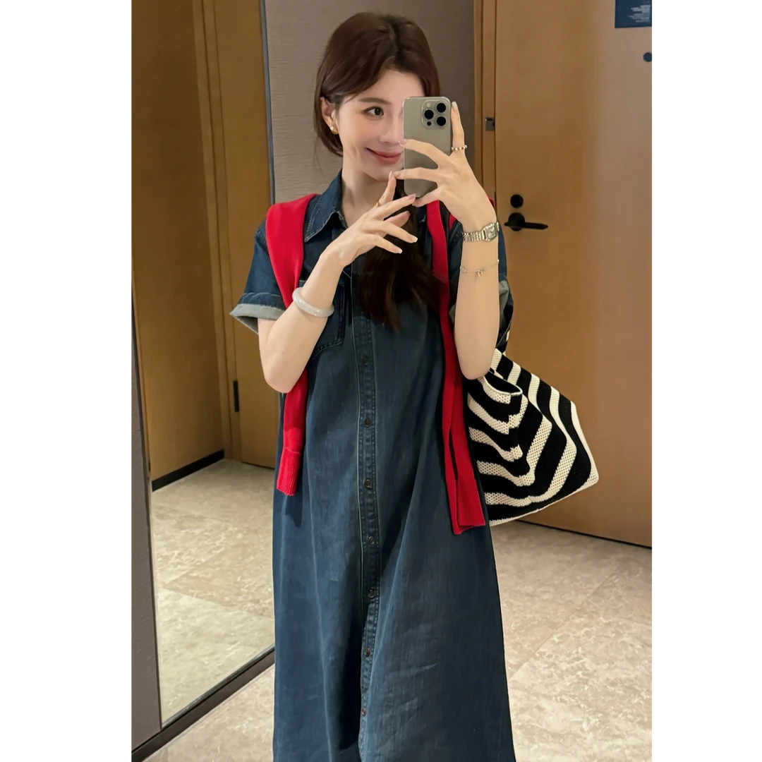 YPP!【复古周报】韩系简约风宽松显瘦百搭衬衣牛仔连衣裙（没配披肩）
