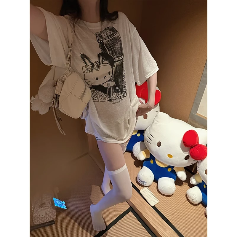 卡通猫咪印花圆领短袖宽松大版T恤半微透慵懒风松弛感短袖上衣